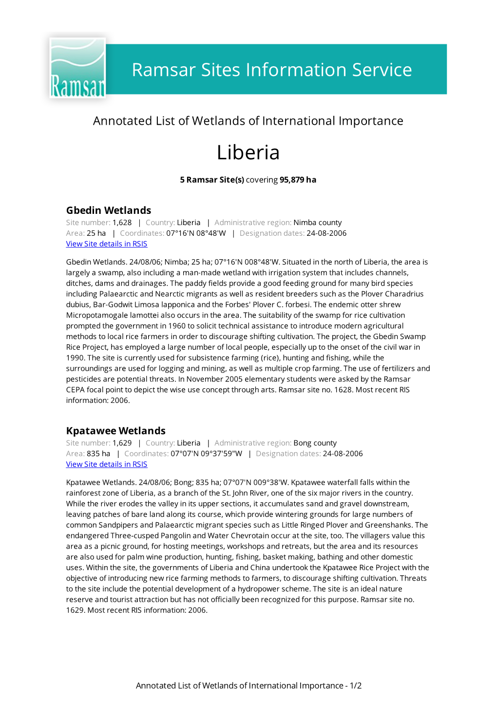 Annotated List of Wetlands of International Importance Liberia
