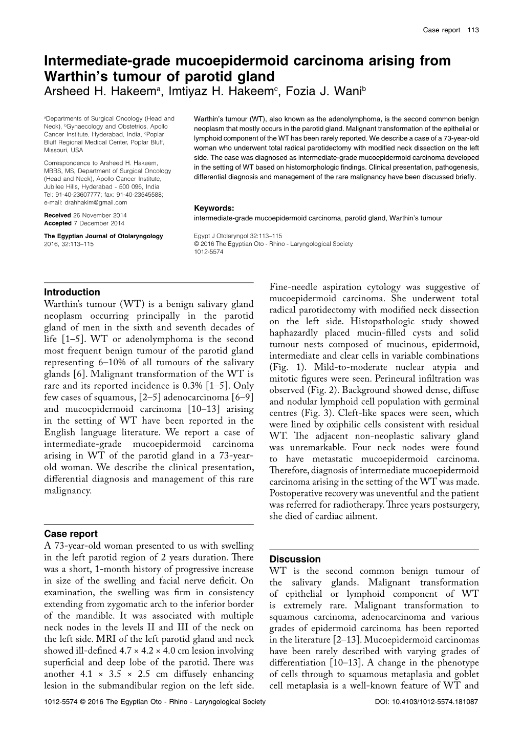 Intermediate-Grade Mucoepidermoid Carcinoma Arising from Warthin's