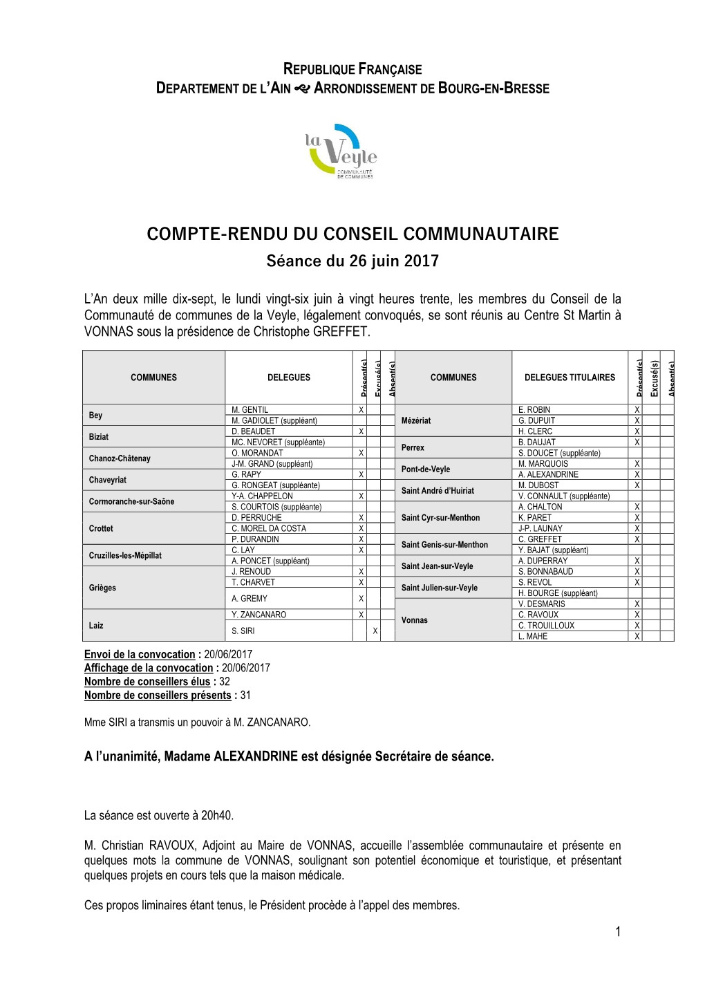 COMPTE-RENDU DU CONSEIL COMMUNAUTAIRE Séance Du 26 Juin 2017