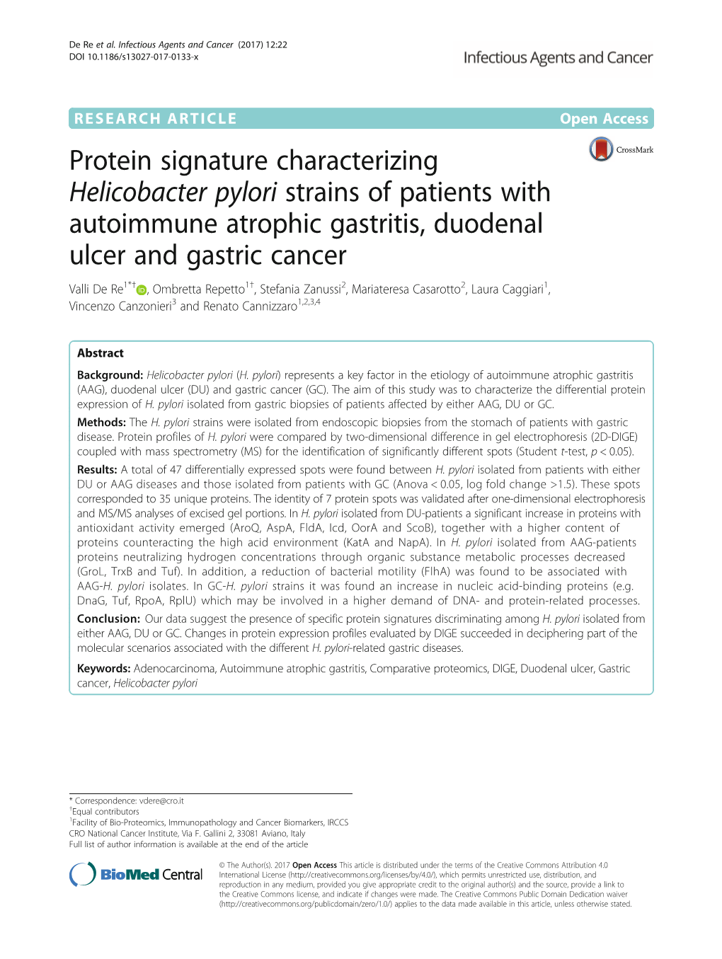 Protein Signature Characterizing Helicobacter Pylori Strains Of