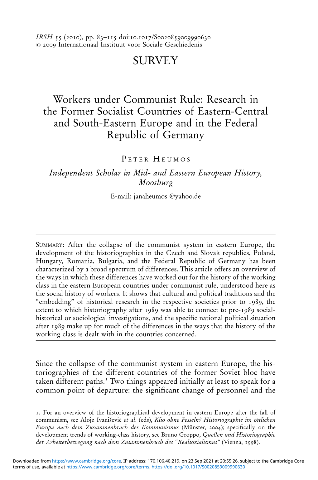 Workers Under Communist Rule: Research in the Former Socialist Countries of Eastern-Central and South-Eastern Europe and in the Federal Republic of Germany