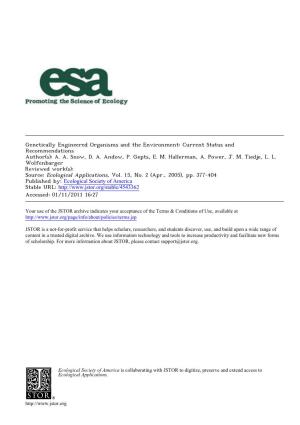 Genetically Engineered Organisms and the Environment: Current Status and Recommendations Author(S): A