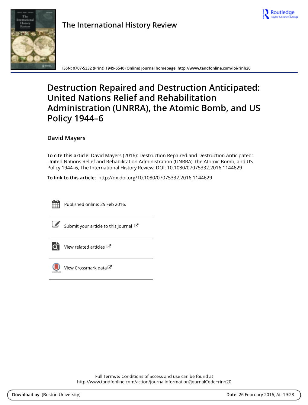 United Nations Relief and Rehabilitation Administration (UNRRA), the Atomic Bomb, and US Policy 1944–6