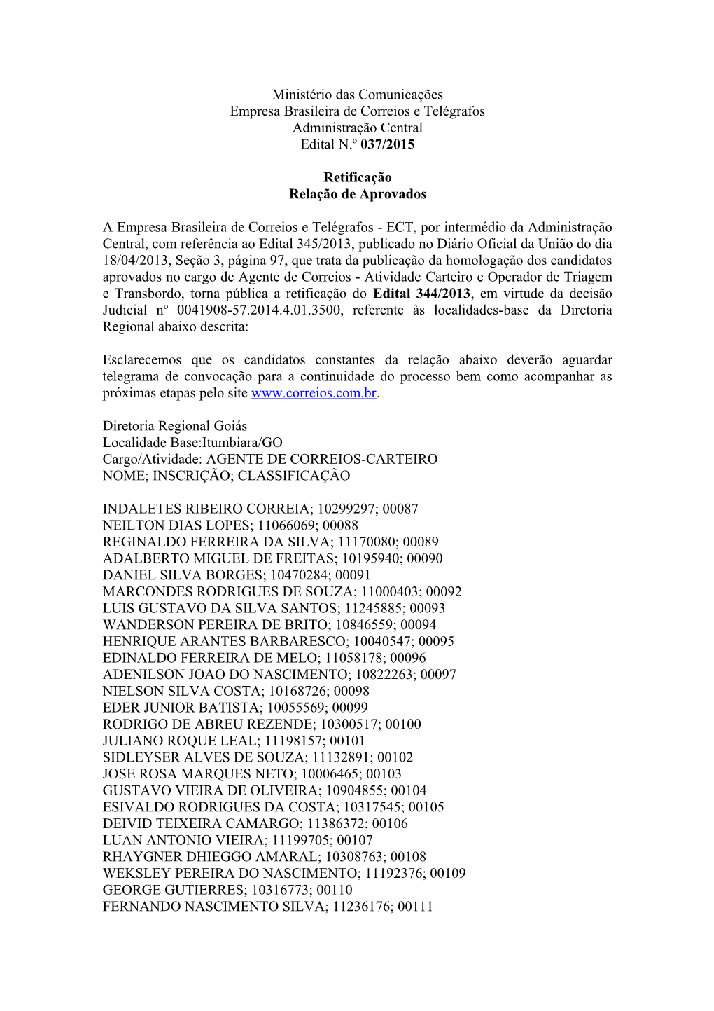 Ministério Das Comunicações Empresa Brasileira De Correios E Telégrafos Administração Central Edital N.º 037/2015