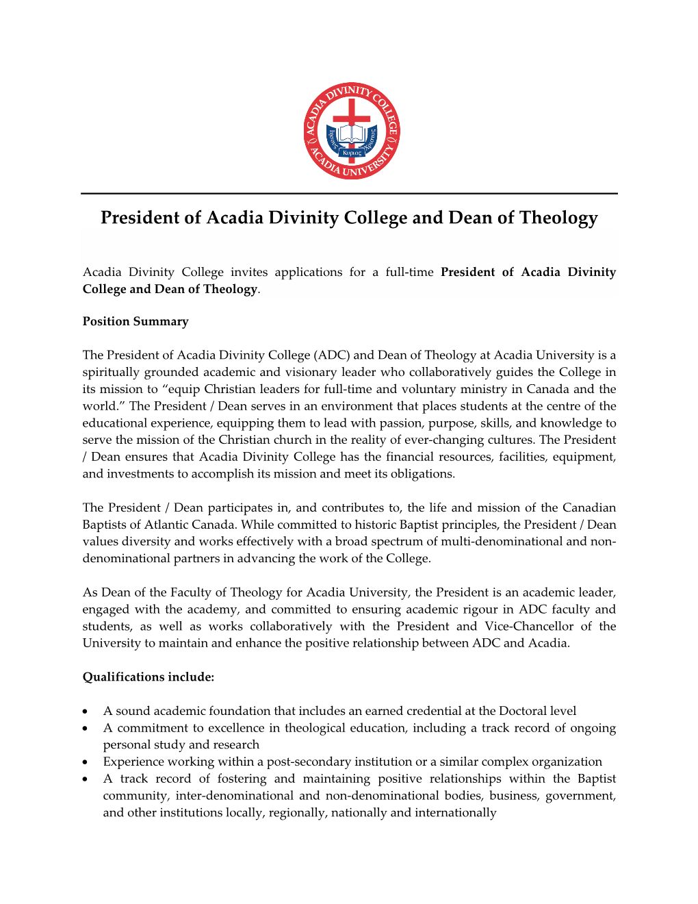President of Acadia Divinity College and Dean of Theology