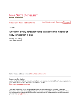 Efficacy of Dietary Pantothenic Acid As an Economic Modifier of Body Composition in Pigs