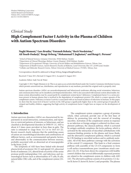 Clinical Study High Complement Factor I Activity in the Plasma of Children with Autism Spectrum Disorders