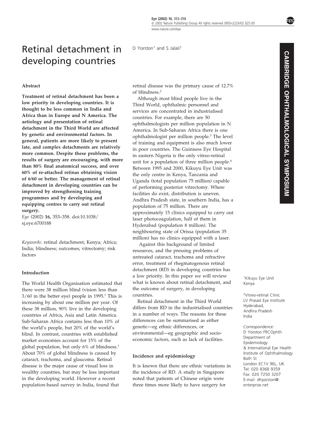 Retinal Detachment in Developing Countries D Yorston and S Jalali 354