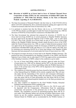 (NTPC) for the Construction of Koldam HEP Under the Jurisdiction of DFO Wild Life Division, Shimla, in the State of Himachal Pradesh –Regarding