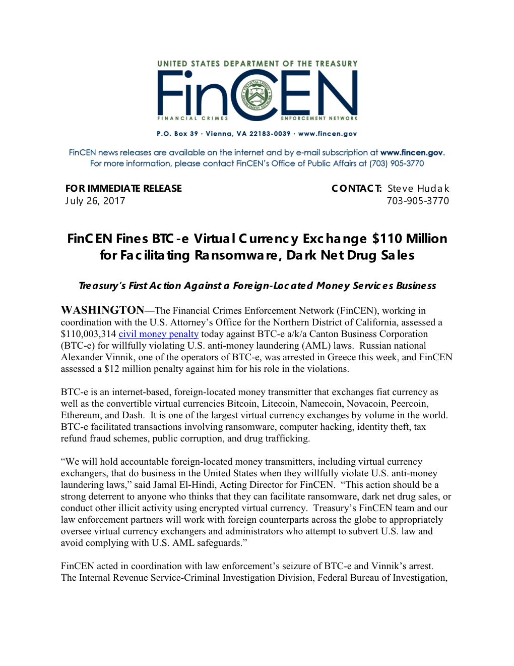 Fincen Fines BTC-E Virtual Currency Exchange $110 Million for Facilitating Ransomware, Dark Net Drug Sales