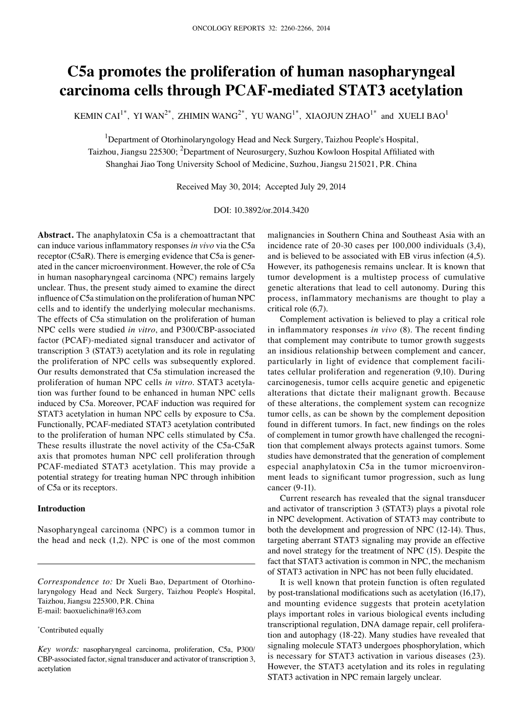 C5a Promotes the Proliferation of Human Nasopharyngeal Carcinoma Cells Through PCAF-Mediated STAT3 Acetylation