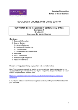 Sociology Course Unit Guide 2018-19
