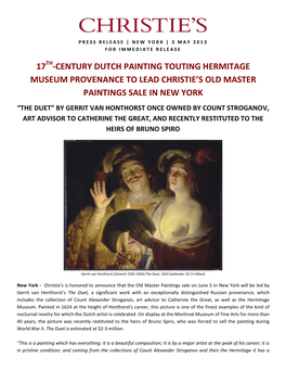 17 -Century Dutch Painting Touting Hermitage Museum Provenance to Lead Christie's Old Master Paintings Sale in New York