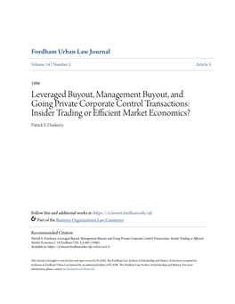 Leveraged Buyout, Management Buyout, and Going Private Corporate Control Transactions: Insider Trading Or Efficient Market Economics? Patrick S