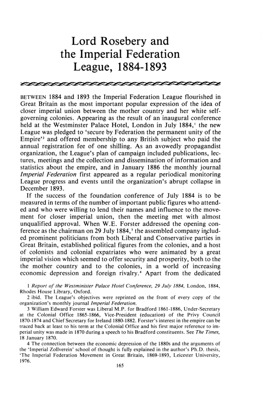 Lord Rosebery and the Imperial Federation League, 1884-1893