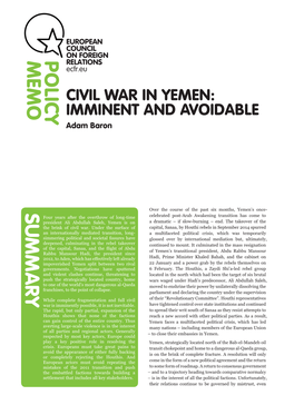 CIVIL WAR in YEMEN: IMMINENT and AVOIDABLE Adam Baron