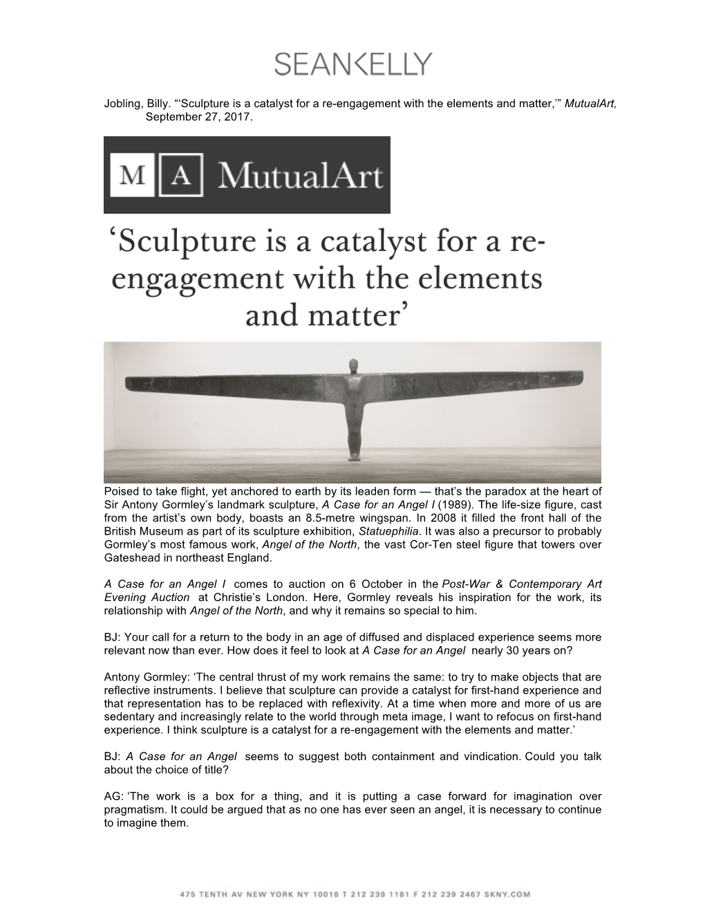 Jobling, Billy. “'Sculpture Is a Catalyst for a Re-Engagement with The