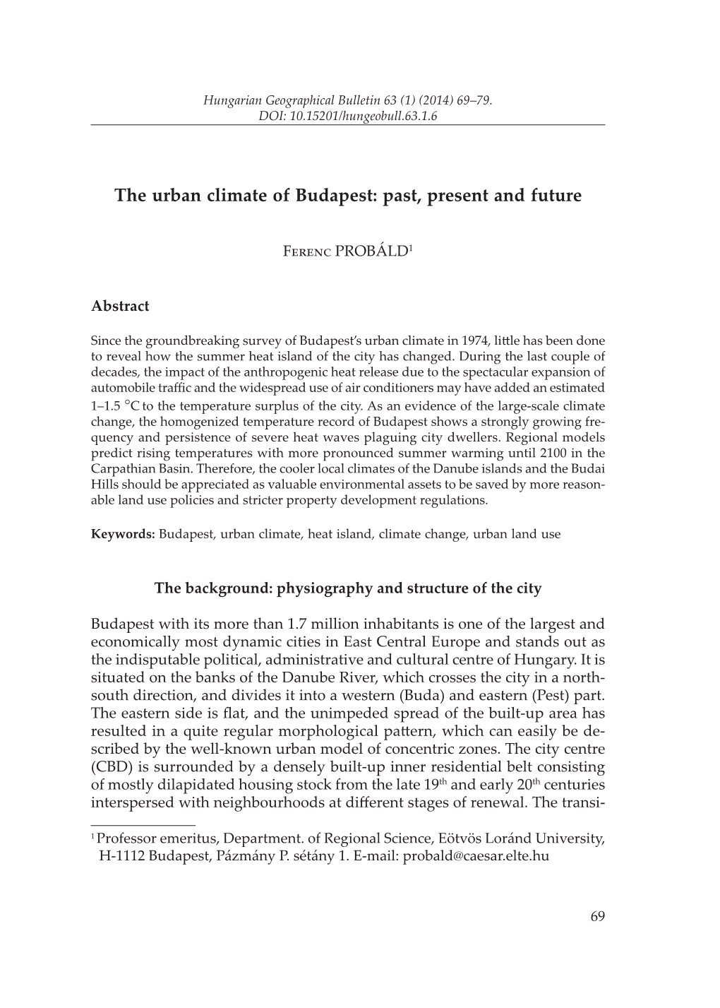 The Urban Climate of Budapest: Past, Present and Future