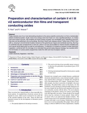 Preparation and Characterisation of Certain Ii Vi I Iii Vi2 Semiconductor Thin ﬁlms and Transparent Conducting Oxides