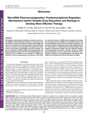 Microrna Pharmacoepigenetics: Posttranscriptional Regulation Mechanisms Behind Variable Drug Disposition and Strategy to Develop More Effective Therapy