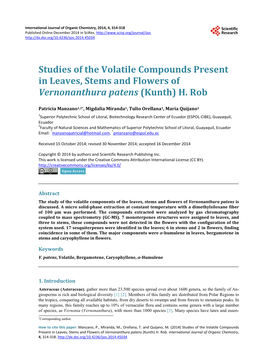 Studies of the Volatile Compounds Present in Leaves, Stems and Flowers of Vernonanthura Patens (Kunth) H