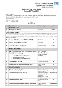 Meeting of the Trust Board Friday 23 May 2014 AGENDA