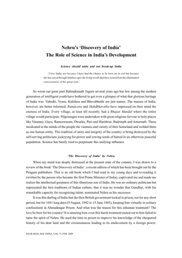 Nehru's 'Discovery of India' the Role of Science in India's Development