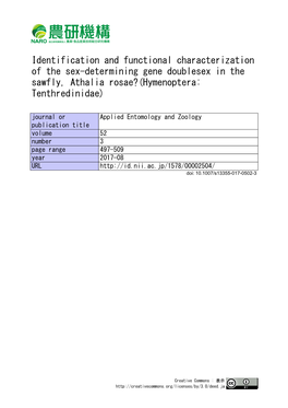 Identification and Functional Characterization of the Sex-Determining Gene Doublesex in the Sawfly, Athalia Rosae (Hymenoptera