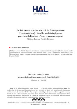 Le Bâtiment Routier Du Col De Montgenèvre (Hautes-Alpes) : Fouille Archéologique Et Patrimonialisation D’Une Traversée Alpine Philippe Leveau, Patrick Reynaud