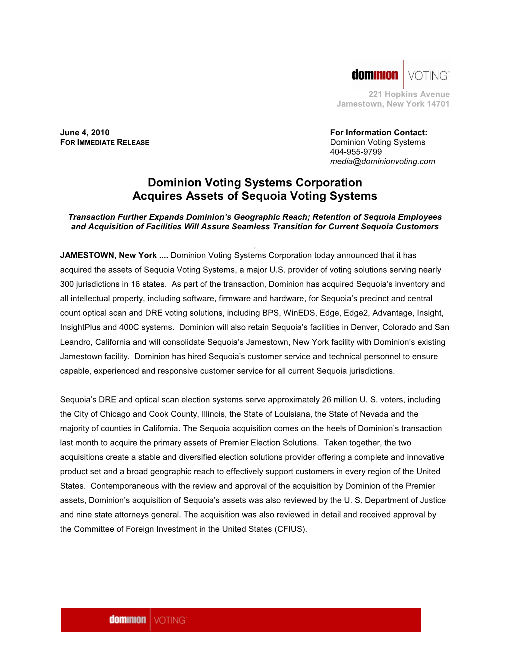 Dominion Voting Systems Corporation Acquires Assets of Sequoia Voting Systems