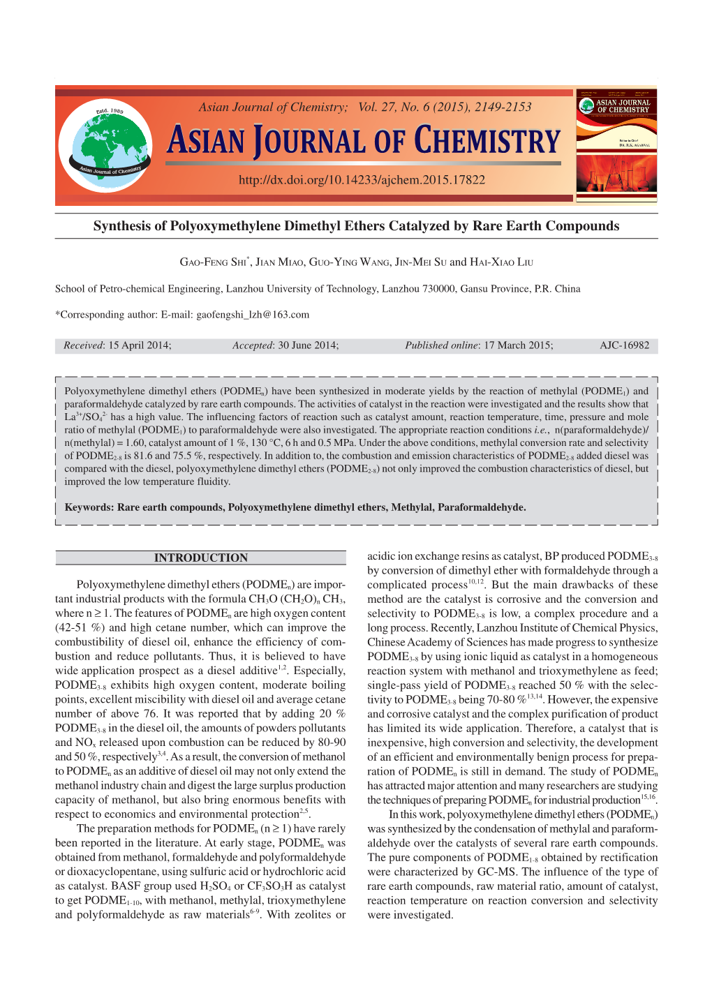 Asian Journal of Chemistry Asian Journal of Chemistry
