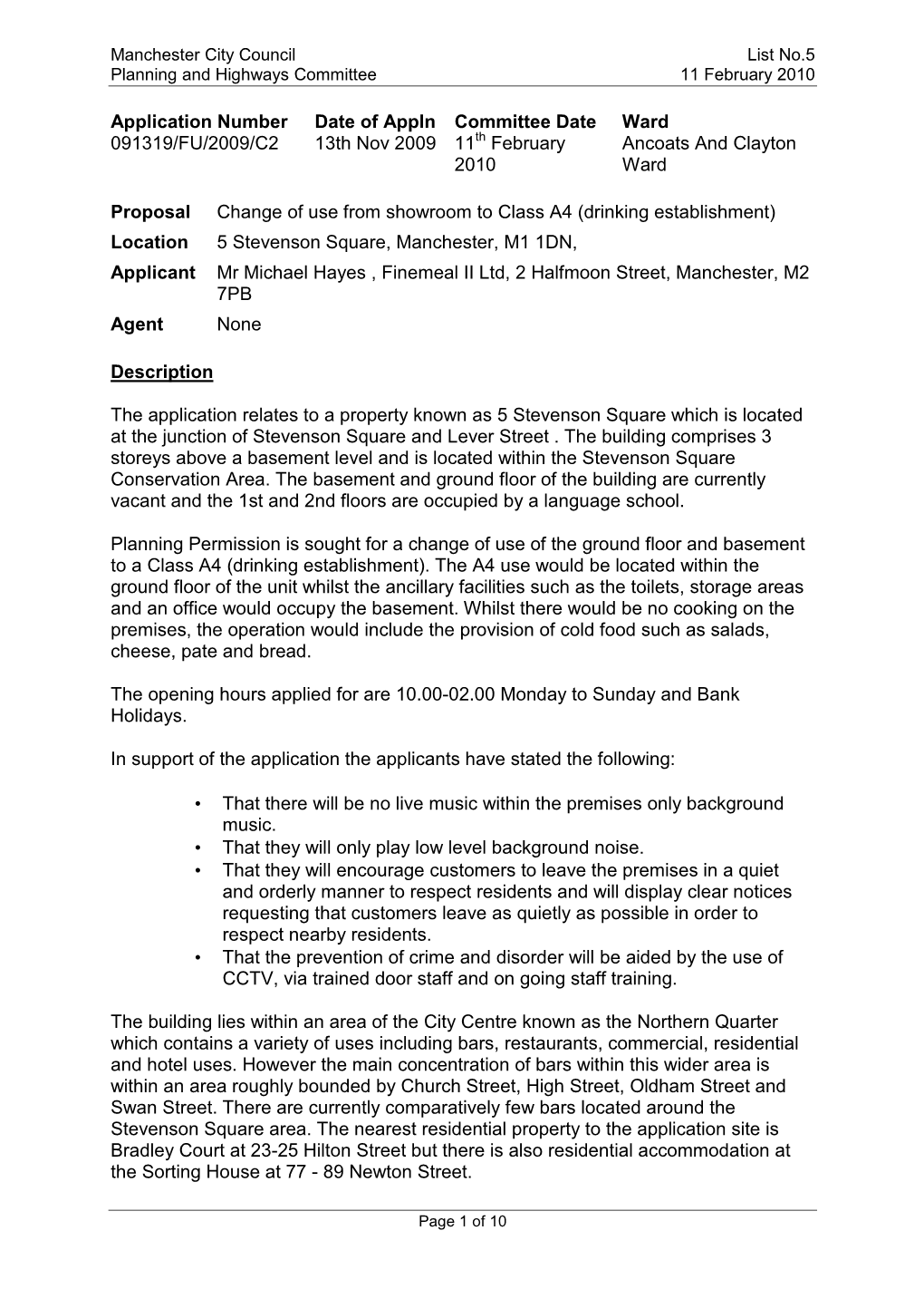 Report to Planning and Highways Committee 11 February 2010, LIST