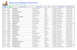 New York State Prekindergarten Program Directory This Directory Is Listed in Order by County