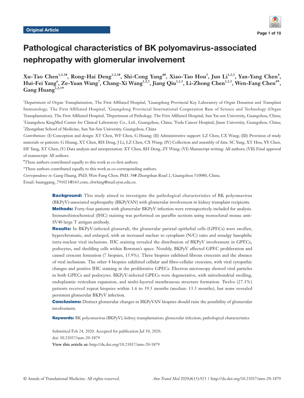 Pathological Characteristics of BK Polyomavirus-Associated Nephropathy with Glomerular Involvement