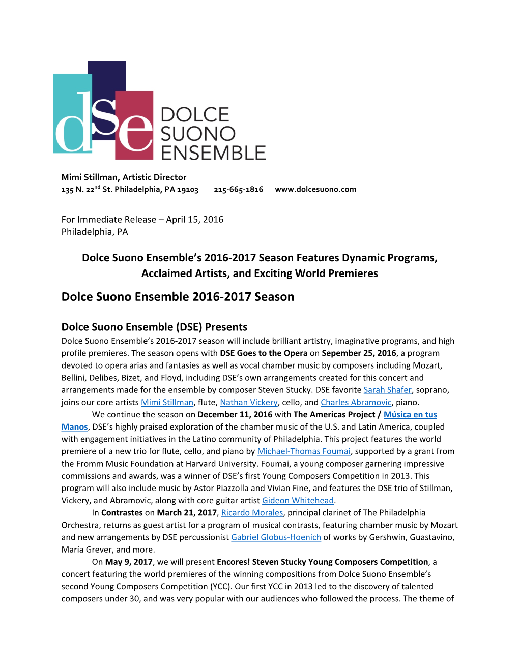 Dolce Suono Ensemble 2016-2017 Season