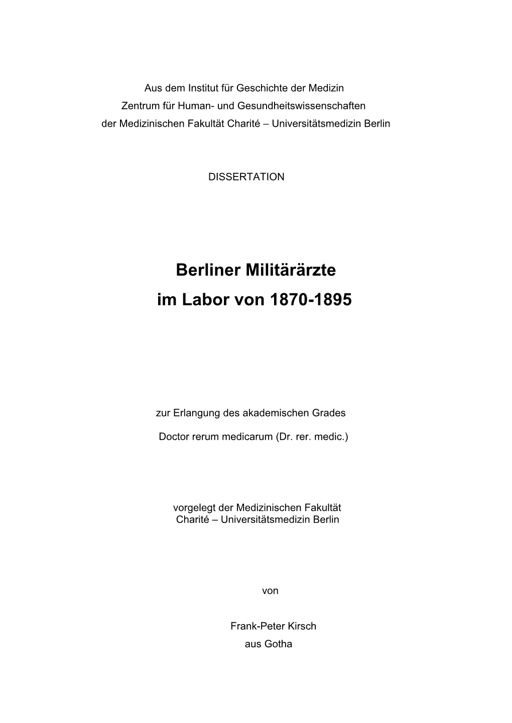 Berliner Militärärzte Im Labor Von 1870-1895