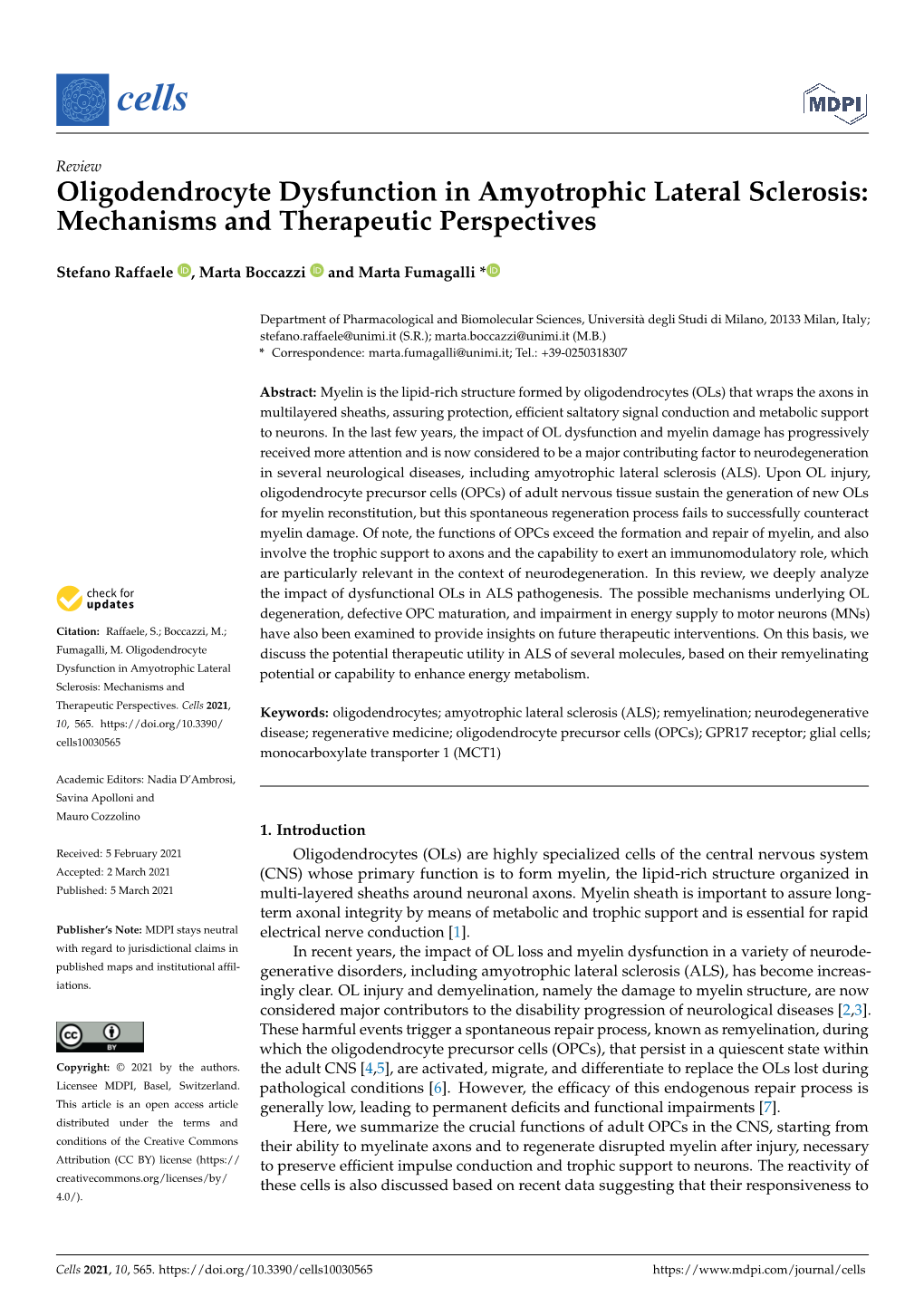 Oligodendrocyte Dysfunction in Amyotrophic Lateral Sclerosis: Mechanisms and Therapeutic Perspectives