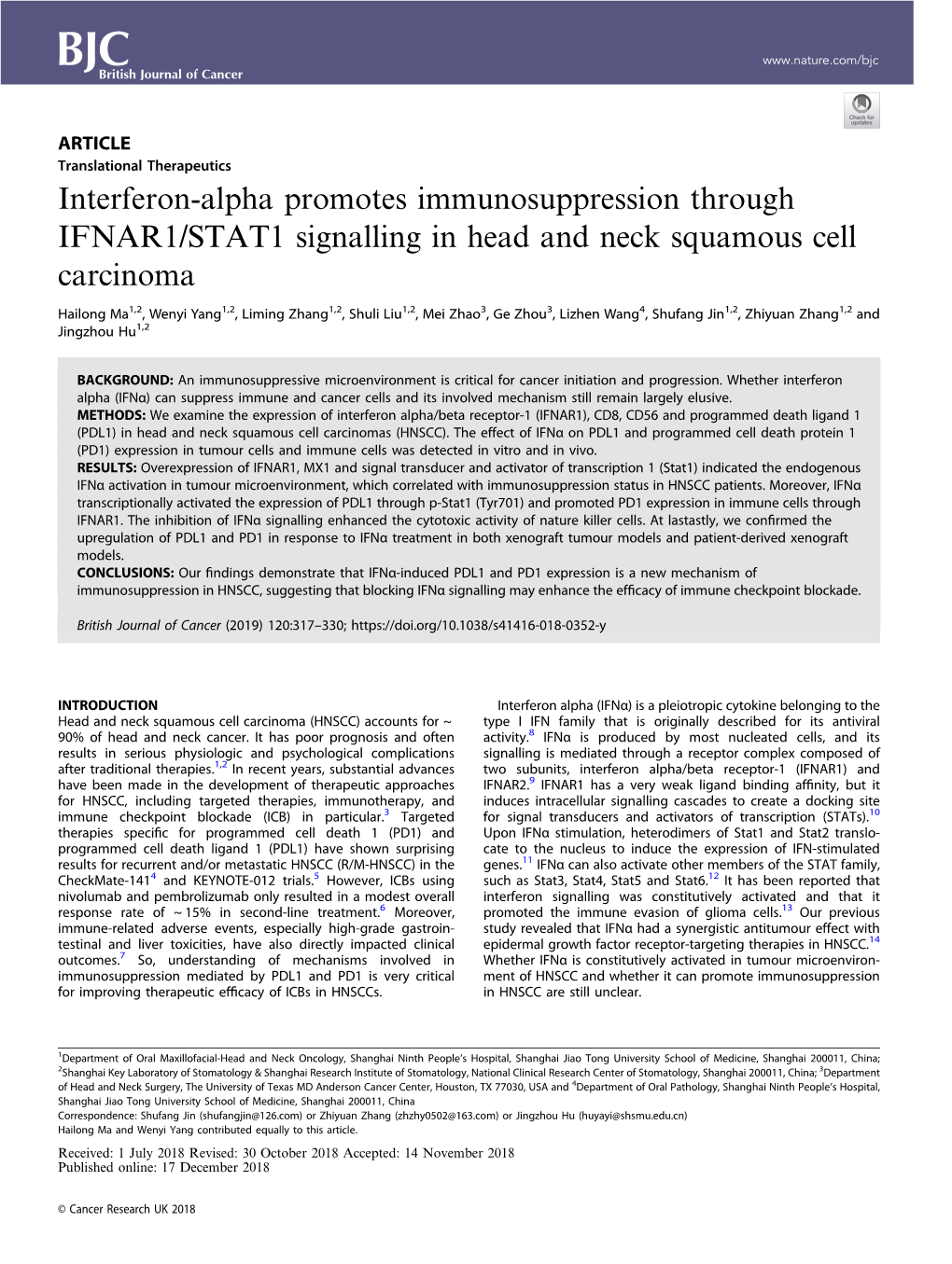 Interferon-Alpha Promotes Immunosuppression Through IFNAR1/STAT1 Signalling in Head and Neck Squamous Cell Carcinoma