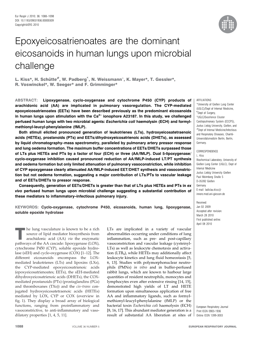 Epoxyeicosatrienoates Are the Dominant Eicosanoids in Human Lungs Upon Microbial Challenge