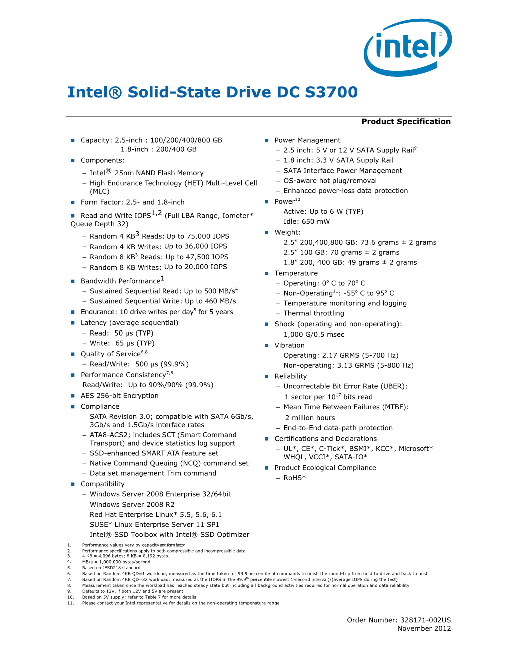 Intel® SSD DC S3700 Product Specification
