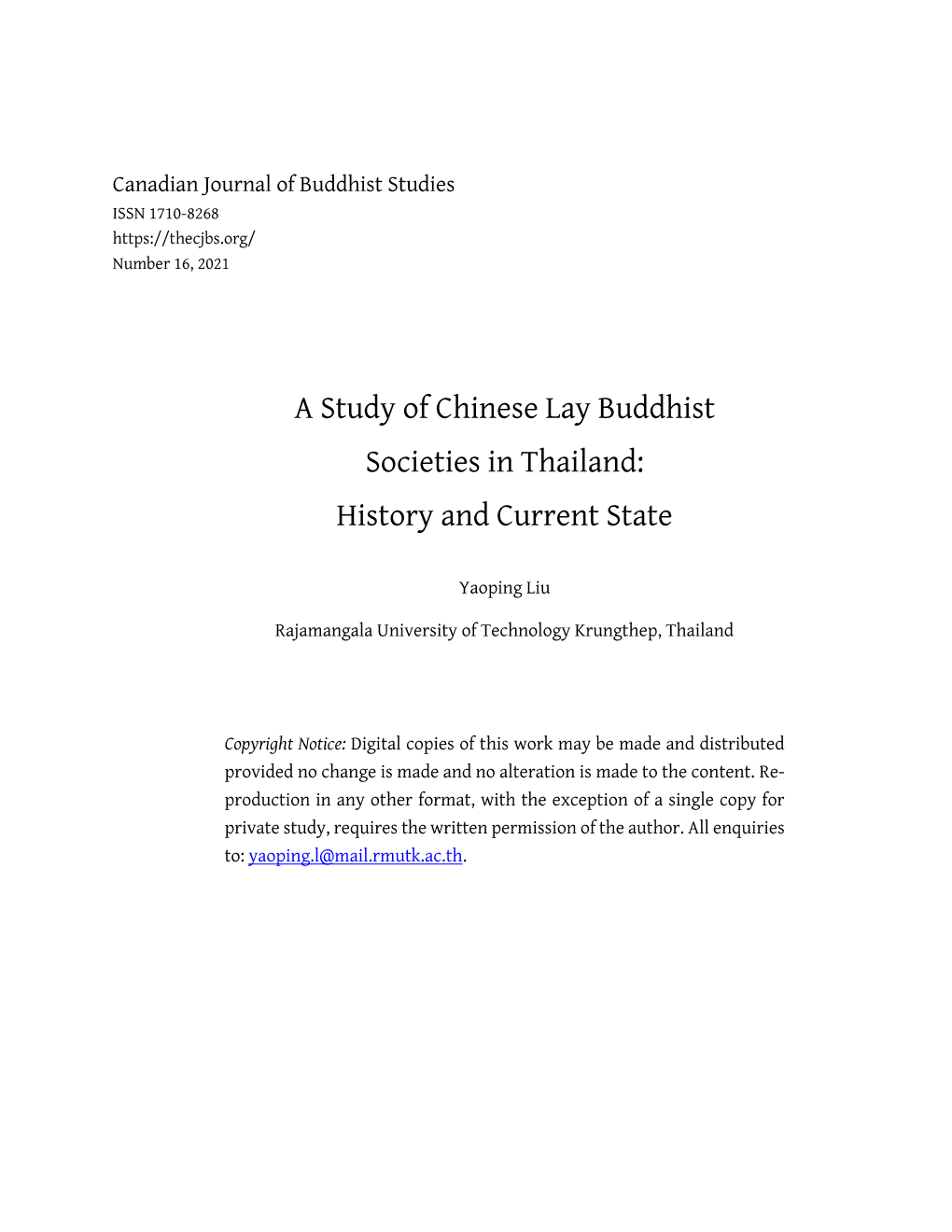 A Study of Chinese Lay Buddhist Societies in Thailand: History and Current State