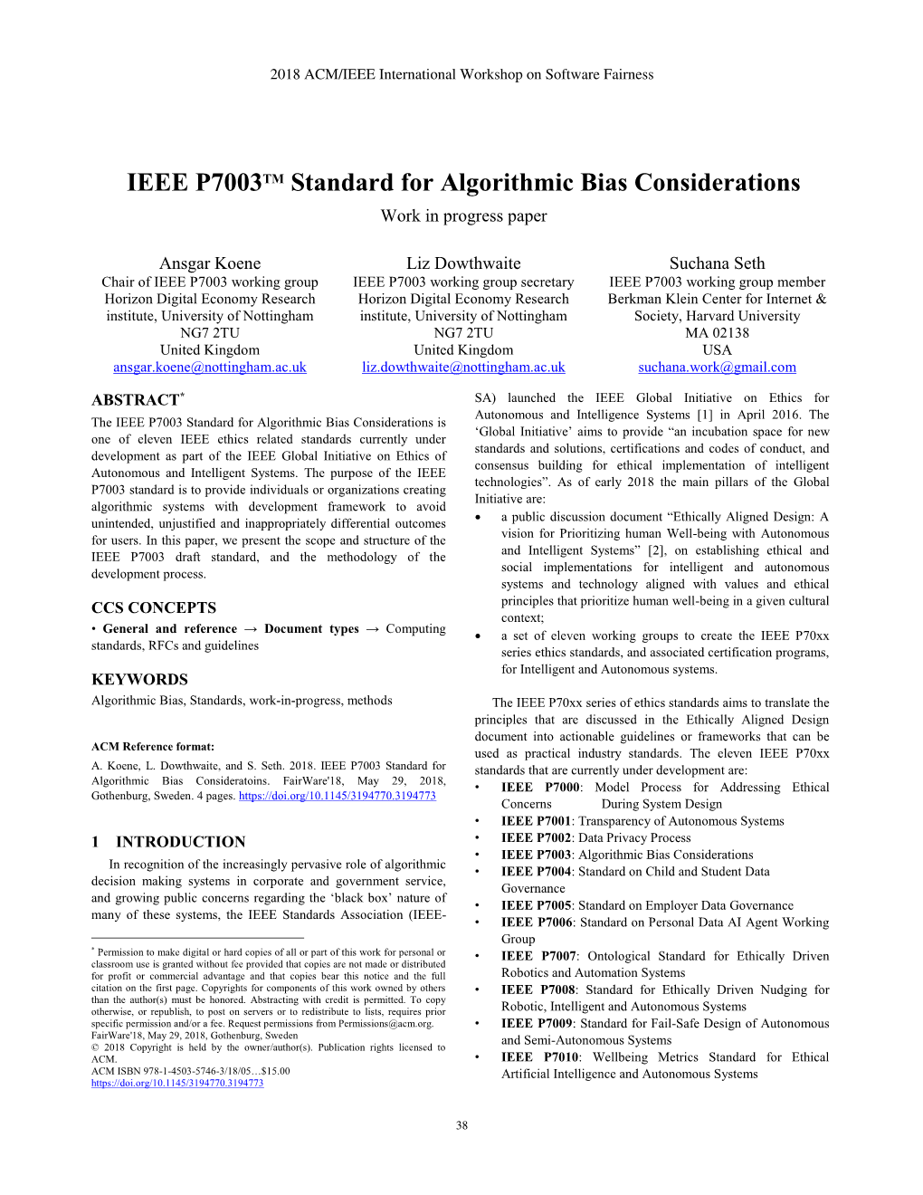 IEEE P7003TM Standard for Algorithmic Bias Considerations Work in Progress Paper