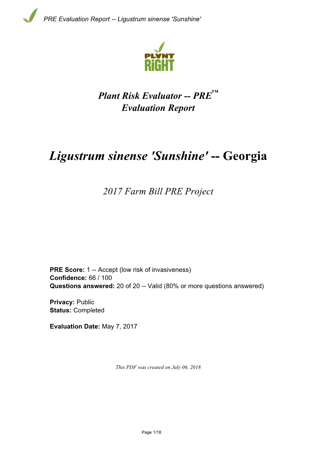 PRE Evaluation Report for Ligustrum Sinense 'Sunshine'