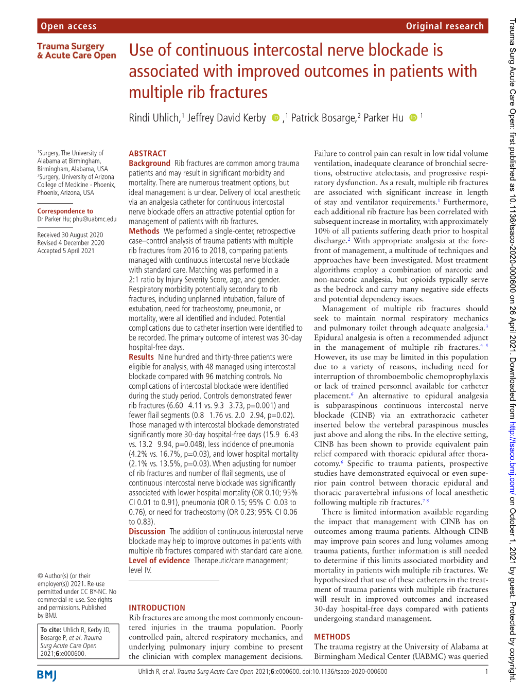 Use of Continuous Intercostal Nerve Blockade Is Associated With