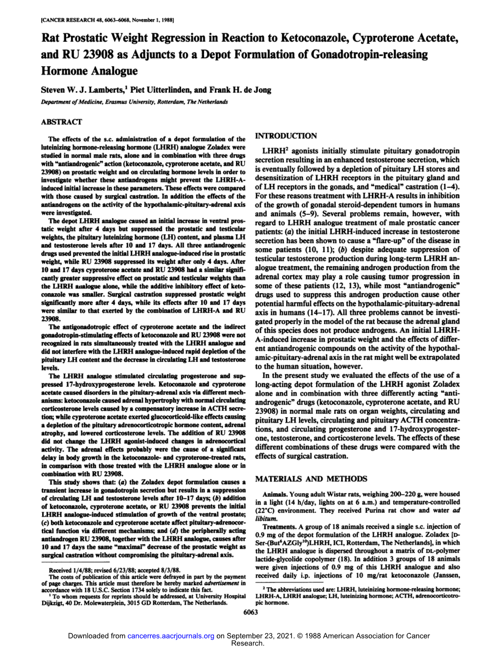 Rat Prostatic Weight Regression in Reaction to Ketoconazole