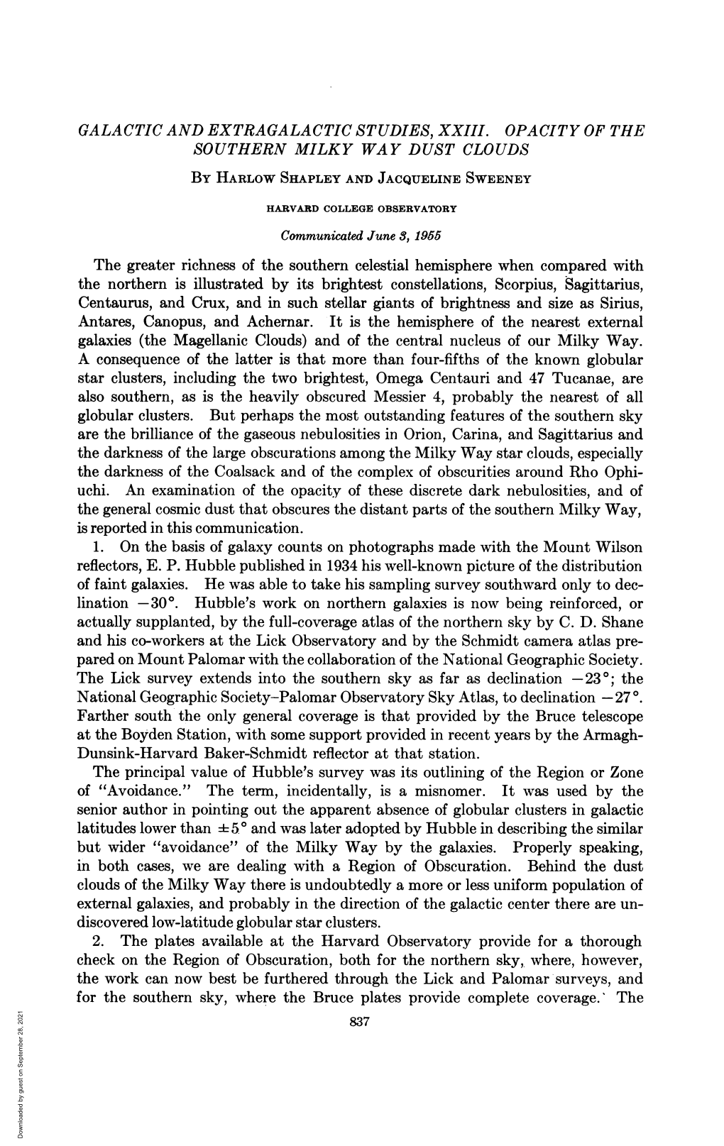 Galactic and Extragalactic Studies, Xxiii. Opacity of the Southern Milky Way Dust Clouds by Harlow Shapley and Jacqueline Sweeney