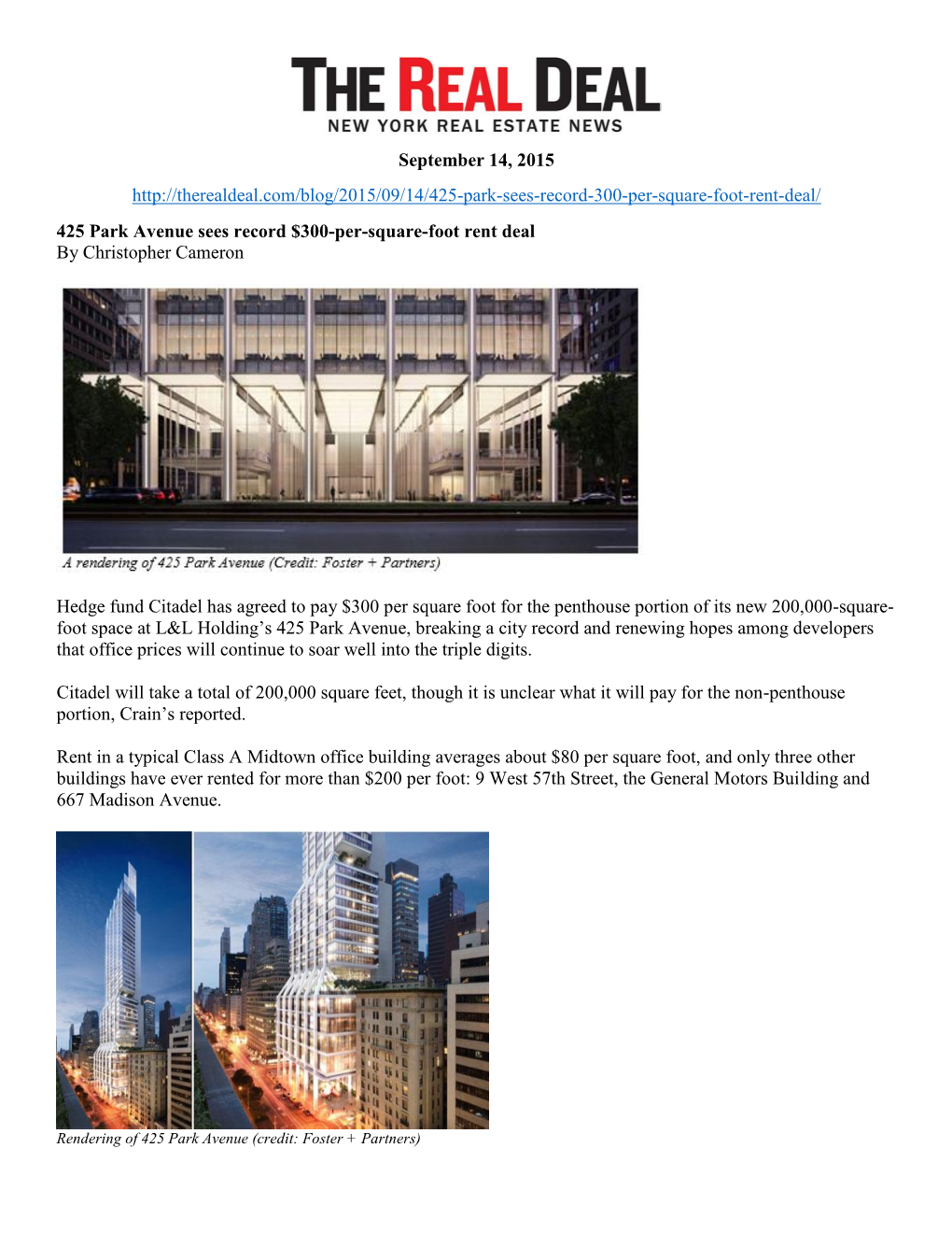 Sept. 14, 2015 the REAL DEAL 425 Park Avenue Sees Record $300