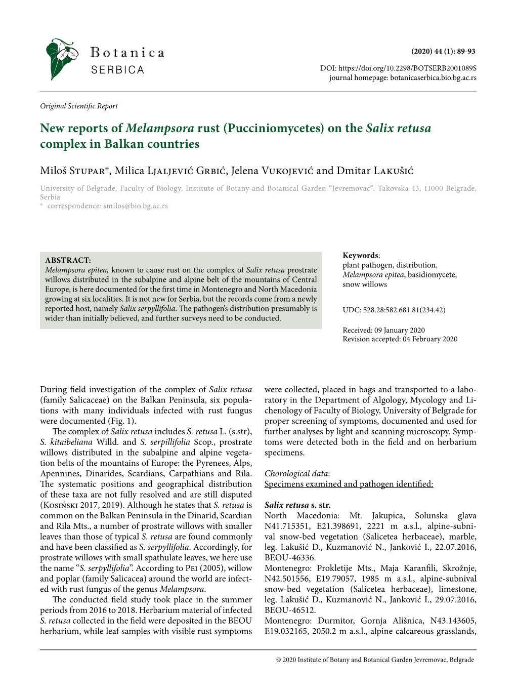 New Reports of Melampsora Rust (Pucciniomycetes) on the Salix Retusa Complex in Balkan Countries