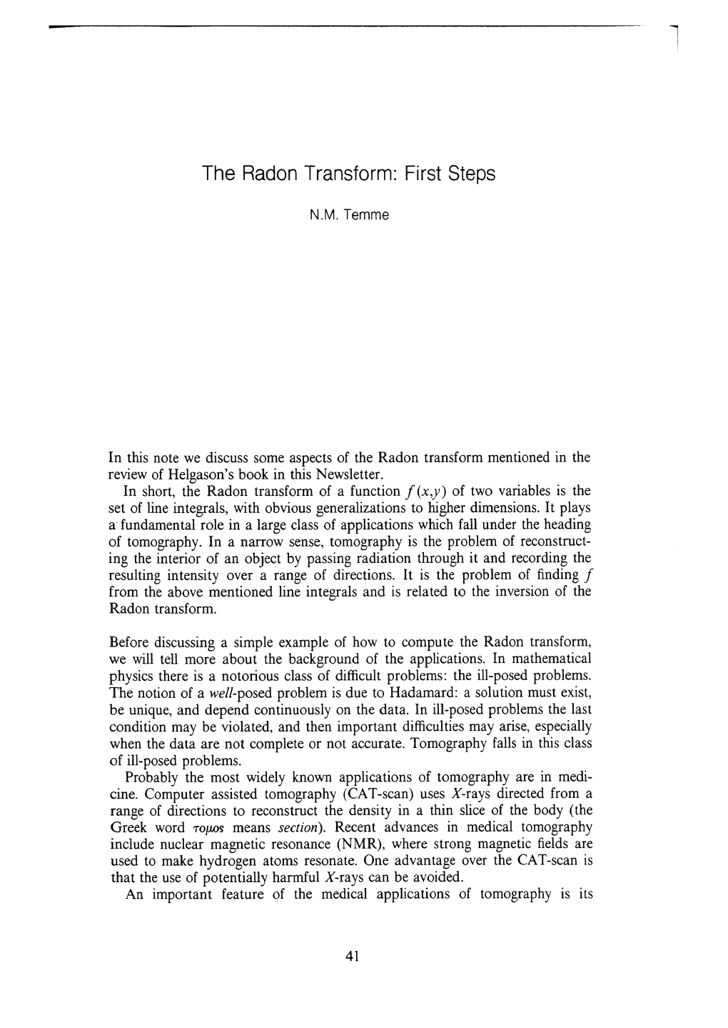 The Radon Transform: First Steps F