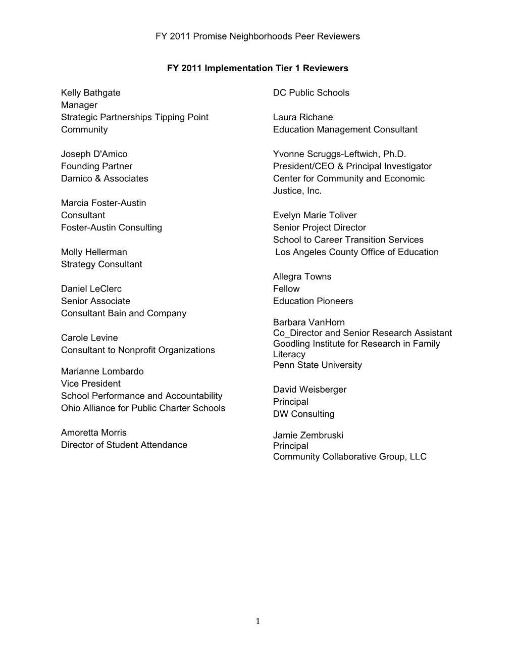 FY 2011 Implementation Tier 1 Reviewers (MS Word)